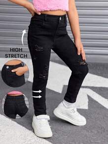 SHEIN 年轻女孩的黑色牛仔破洞弹力裤，酷炫服装/女孩感恩节服装，女孩秋冬服装
