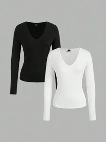 SHEIN EZwear 2pcs/Set Plus Size Women Deep V-Neck Slim Fit Casual Long Basic Long Sleeve T-Shirt Pullover Suit, Suitable For Autumn/Winter - Black and White - View 1