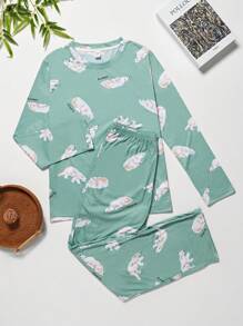 Conjunto de pijama de manga larga con estampado de animales de dibujos animados para adolescentes chicas - verde menta - Ver 1