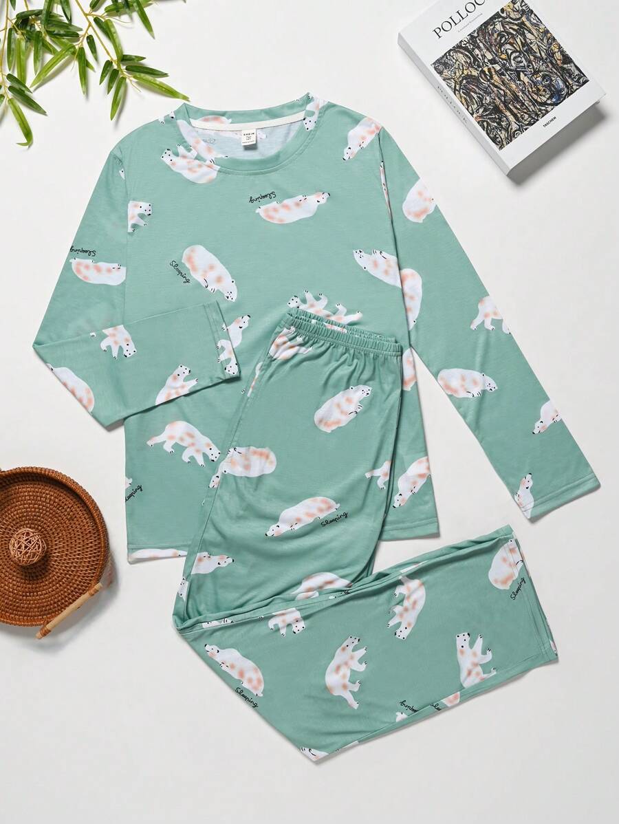 Conjunto de pijama de manga larga con estampado de animales de dibujos animados para adolescentes chicas - verde menta - Ver 1