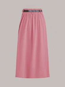 SHEIN Clasi Váy dài đến đầu gối dáng chữ A bằng vải nhung kẻ đơn giản, giản dị dành cho nữ có nút phía trước - Hồng - Xem 2