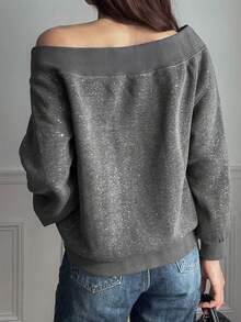 FRIFUL 1 件女士休闲露肩蝴蝶结装饰运动衫，秋冬 - 灰色 - 查看 5