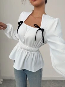 Chiquease 女士休闲衬衫，蝴蝶结设计，不对称方领，灯笼袖，腰部褶皱细节，适合春秋季节荷叶边上衣 - 白色 - 查看 4