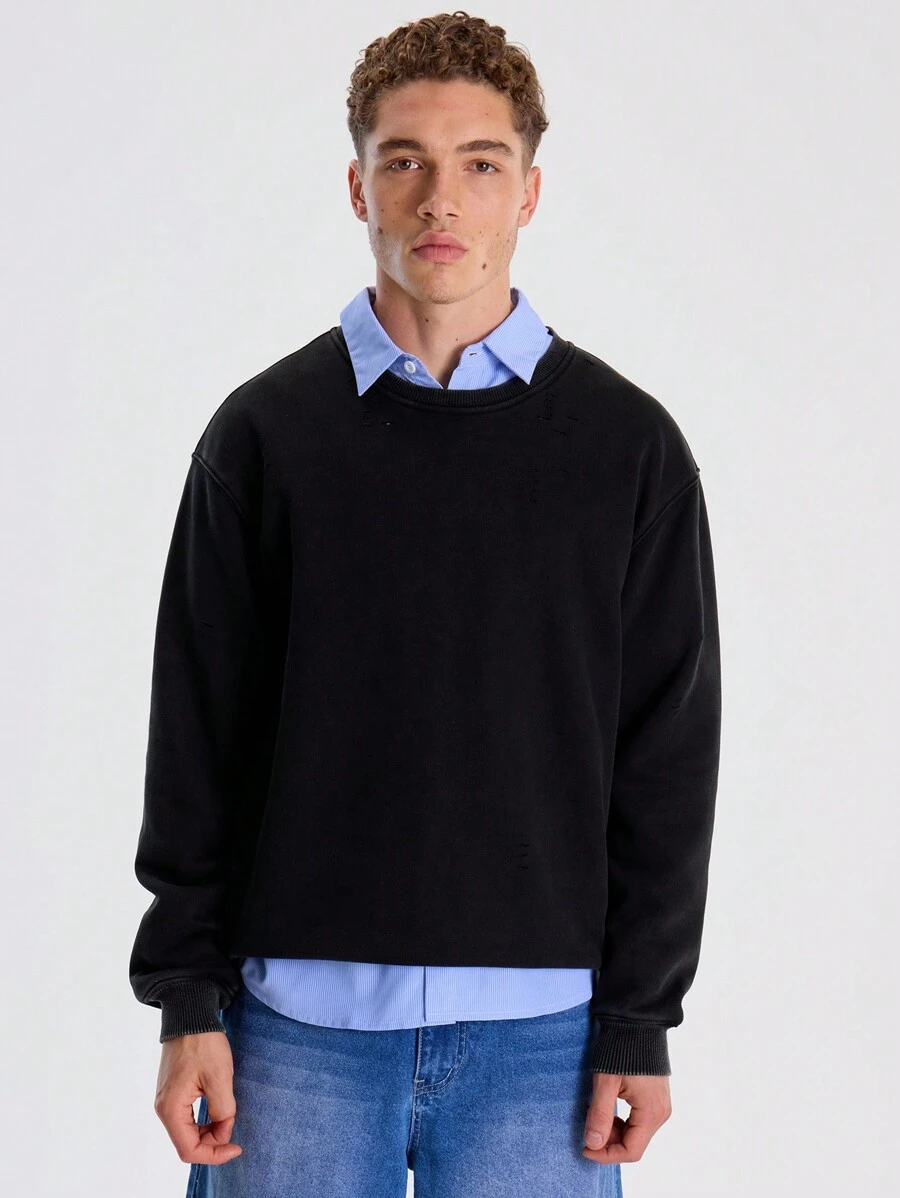 Musero Crew Neck Distressed Long Sleeve Jumper - Black - View 1