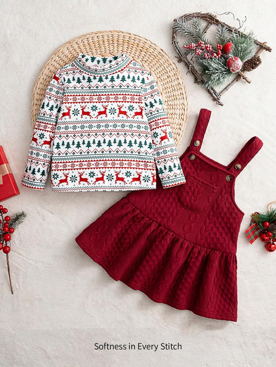 Cozy Pixies Baby Girl 2pcs Christmas Print Round Neck Long Sleeve Top And Bib Dress Set, Winter Clothes - Multicolor - View 1