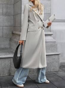 SHEIN LUNE 女式修腰长款风衣，条纹图案和双排扣设计，含衬里，秋冬季休闲 - 淺灰色 - 查看 6