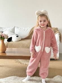 SHEIN LMoss Kids Young Girl Cute & Simple Ears Hooded Zip Front Heart Pocket Soft Comfortable Double-Sided Fleece Jumpsuit Loungewear - Dusty Pink - View 3