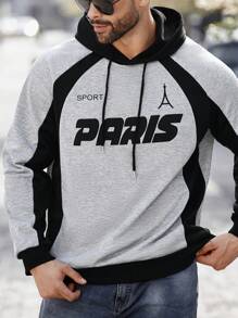 Manfinity Homme Plus Size Men's Solid Color Splice Long Sleeve Letter Print Minimalist Casual Hoodie - Multicolor - View 5