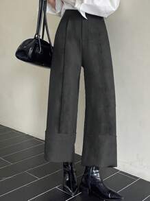 DAZY Solid Color Cropped Straight Leg Pants With Cuffed Hem & Pockets, Women Suit Trousers Fall/Winter Business Attire