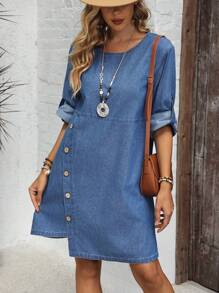 SHEIN LUNE Women Casual Asymmetric Hem Wash Denim Dress - Blue - View 1