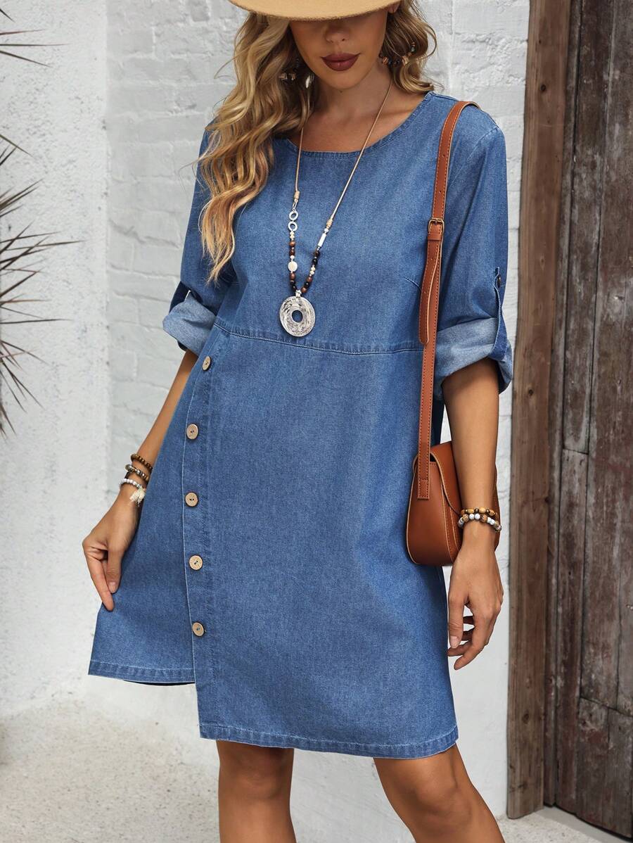 SHEIN LUNE Women Casual Asymmetric Hem Wash Denim Dress - Blue - View 1