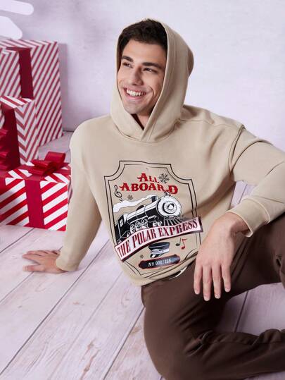 THE POLAR EXPRESS X SHEIN Men Graphic Print Hoodie & Pants Set, For Christmas