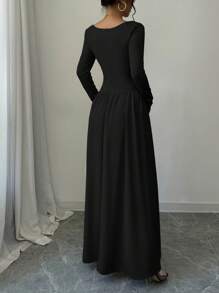 Selianne 女士二合一圆领长袖收腰 A 字下摆连衣裙长款女装 - 黑色 - 查看 2