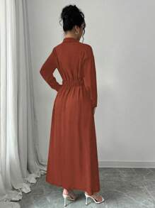 Elenzga Vestido camisero largo de un solo pecho de unicolor de manga larga para mujer, apto para primavera, verano, otoño e invierno, para ocasiones casuales como té de la tarde, fiestas, Acción de Gracias, vuelta al colegio, festivales de música country, casual de negocios - Óxido marrón - Ver 2