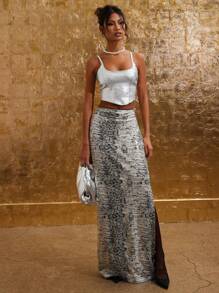 COSMINA Women's Autumn Fashion Snake Skin Pattern Sequin Split Skirt - Multicolor - View 1