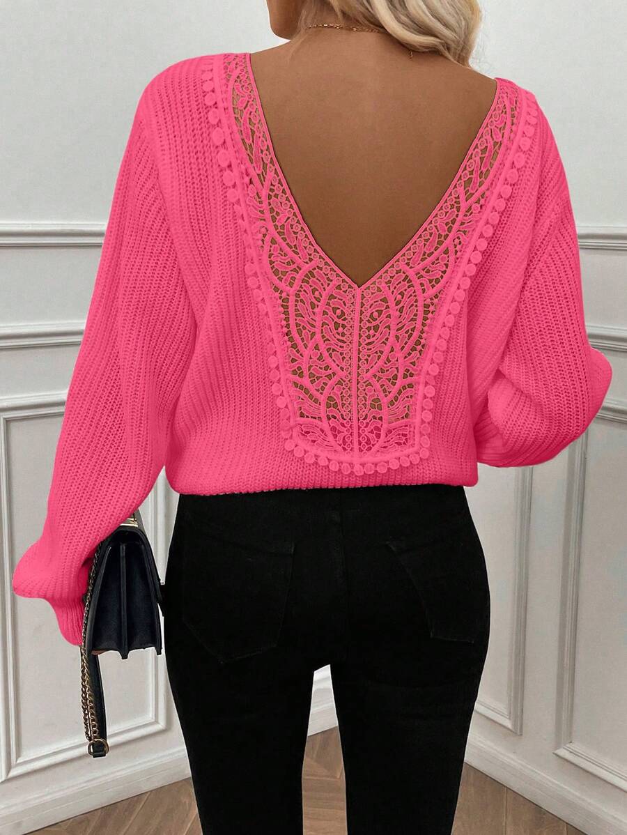 Balvessa Women Solid Color Crew Neck Long Sleeve Hollow-Out Splice Minimalist Casual Pullover Sweater Knit Pullover Fall Winter - Hot Pink - View 1