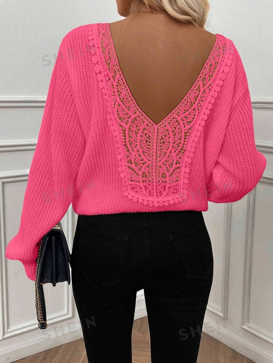 EMERY ROSE Femei culoare solidă guler rotund mânecă lungă Hollow-Out Splice minimalist casual pulover tricotat pulover toamna iarna - Roz fierbinte - Vizualizare 1