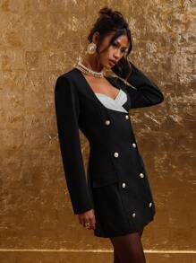 COSMINA Women Elegant Color Blocking Lace Patchwork Double-Breasted Mini Dress, Autumn - Black and White - View 6