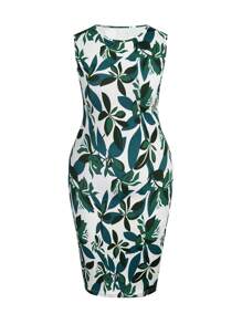 SHEIN Clasi Conjunto de 2 piezas talla grande para mujer: Chaqueta de manga larga de frente abierto en unicolor y vestido evasé de cuello redondo sin mangas con estampado floral