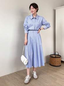 女士长袖衬衫和条纹裙两件套家居服套装 - 藍色 - 查看 2