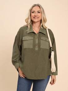 SHEIN LUNE Camisa de manga larga con botones y bolsillos de unicolor para mujer talla grande, top de invierno verde para vacaciones - Verde - Ver 5