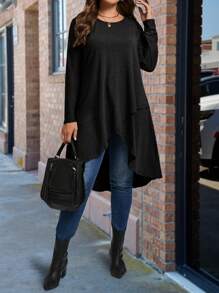 大码纯色长款不对称下摆圆领长袖 T 恤 - 黑色 - 查看 6