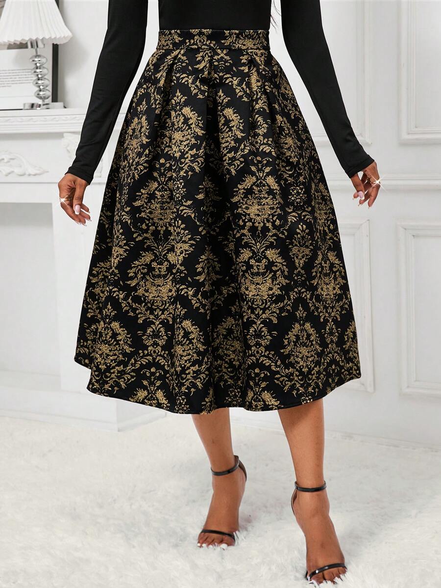 SHEIN Lady 金色华丽裙 A 字裙印花裙优雅通勤裙女士黄色裙子秋季女士裙子金色裙子秋季裙子冬季裙子蓬松裙子黑色裙子 - 黑色 - 查看 1