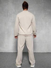 Manfinity Homme 2pcs Men Casual Everyday Zip-Up Loose Sweatshirt And Pants Set, For Autumn,Men Tracksuit,Men Two Pieces Outfits, Men Two Pieces Sweatsuit, Men 2 Pieces Outfit Set, Cream Two Pieces Set Men, Men Casual Two Pieces Set - Beige - View 2