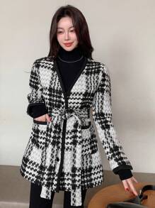 DAZY 1 pezzo Giacca semplice con tasche e maniche lunghe con laccio frontale per donna, abbigliamento casual quotidiano, cappotto a quadri per donna in autunno - Grigio - Visualizzare 6