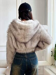 SHEIN EZwear Chaqueta corta con capucha esponjosa de moda para mujer en otoño/invierno - Caqui - Ver 2
