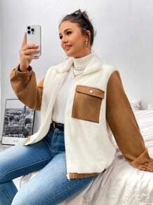 SHEIN LUNE Plus Size Leisure Daily Wear Patchwork Fabric Jacket, Autumn - Multicolor - View 1