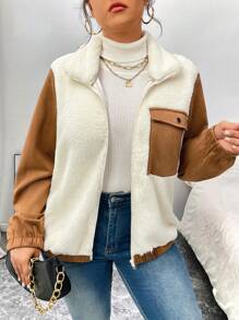 SHEIN LUNE Plus Size Leisure Daily Wear Patchwork Fabric Jacket, Autumn - Multicolor - View 4