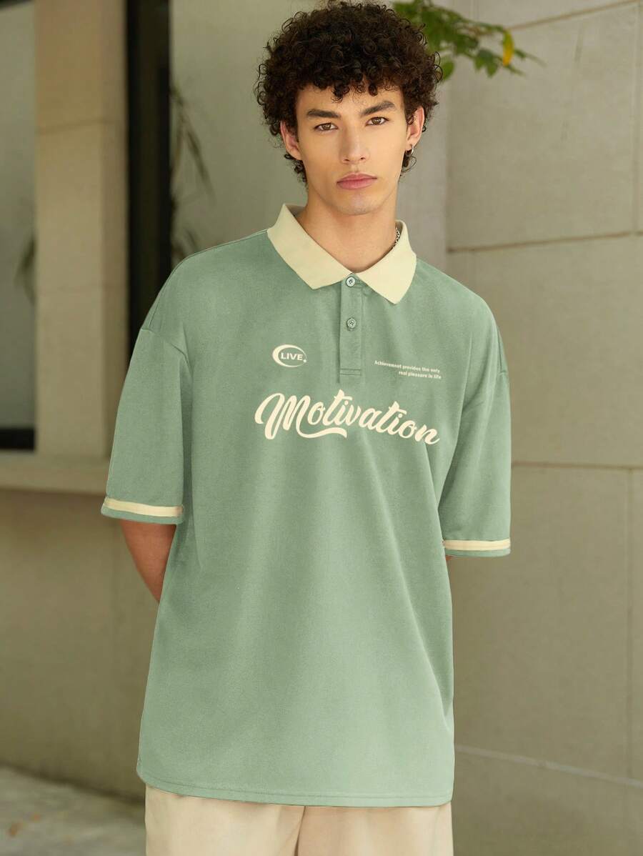 Aesthetic Post Áo thun polo cổ tròn họa tiết chữ tương phản rộng rãi cho nam - Màu xanh Bạc hà - Xem 1