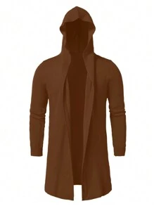 Manfinity Homme Men's Solid Color Hooded Mid-Length Cardigan, Casual Autumn