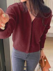 DAZY 女士 V 领纯色针织开衫，适合秋季和圣诞节、假日、秋季女装 - 酒紅色 - 查看 3