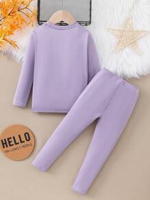 2pcs/Set Girls Thermal Underwear With Turtleneck Long Sleeve Top And Legging Bottom, Black - Purple - View 2