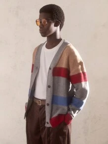 AKNOTIC Business Casual Locker gestrickter, lässiger Rundhals-Cardigan für Herren mit Farbblock-Streifen in Grau und langen Ärmeln, geeignet für Herbst/Winter, Neujahr, Weihnachten, Party, grober Cardigan, als Geschenk für Ehemann, Freund, Drop-Shoulder - Grau - Übersicht 4