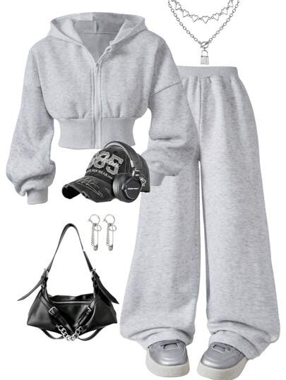 SHEIN Sparklyn 2pcs Tween Girl Velvet White Floral Gray Waist Pull-On Hoodie & Loose Fit Sweatpants Casual Sports Outfit, Autumn/Winter