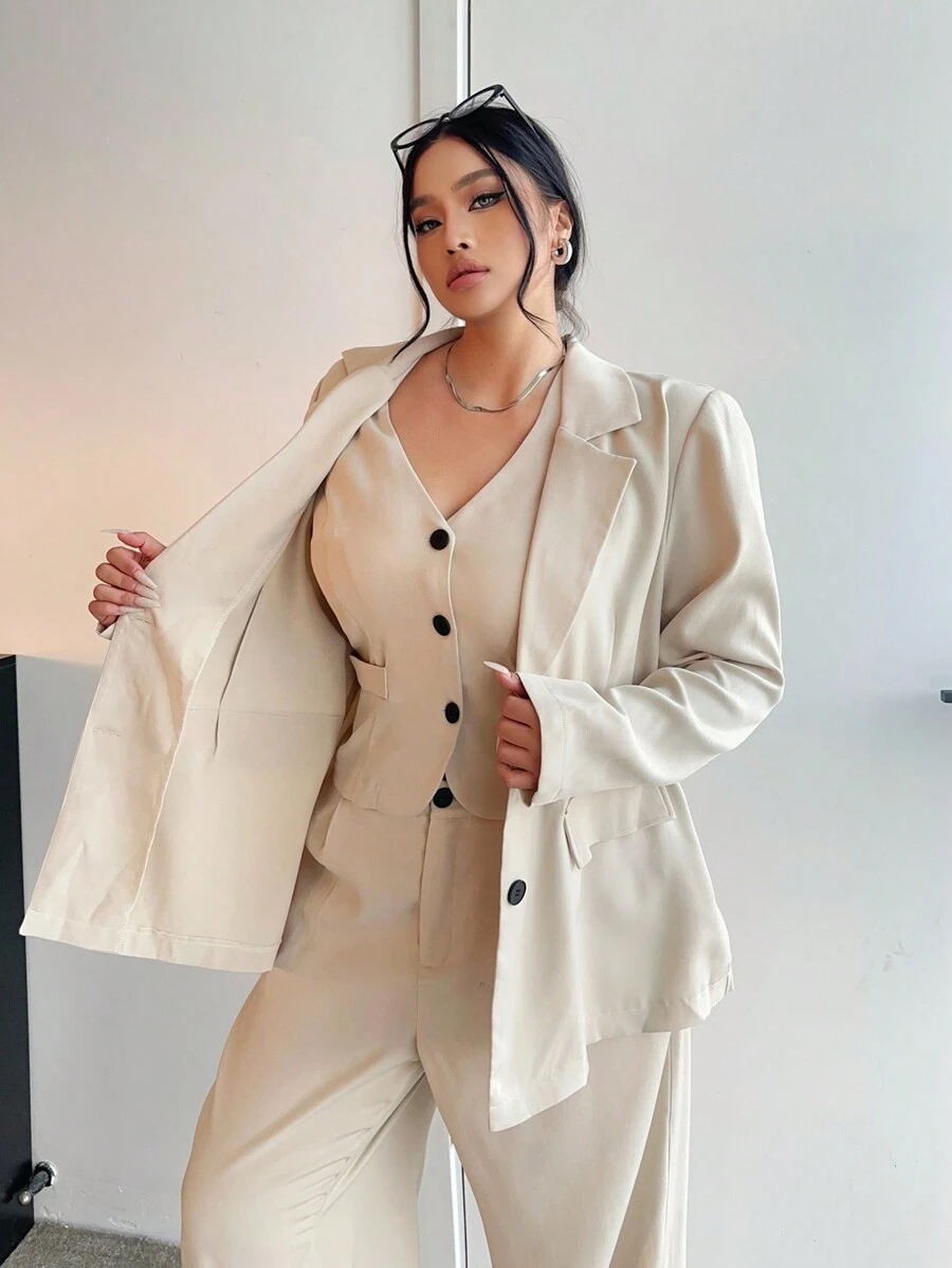 Calvaya 3 件套杏色套装：夹克、背心和裤子，适合办公室和通勤，秋季 - 白色 - 查看 1