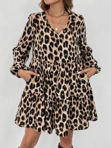 SHEIN LUNE Vestido casual, elegante y para la oficina con cuello en V, mangas abultadas, mangas farol, bajo multicapa en forma de paraguas y estampado de leopardo vintage para mujeres, otoño/invierno - Multicolor - Ver 3