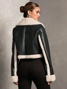 SHEIN BAE Áo khoác dài tay chắp vá mềm mại cho nữ, trang phục thường ngày mùa đông, quần áo mùa đông cho nữ, áo khoác mùa đông cho nữ, trang phục mùa thu cho nữ, áo khoác da cho nữ, áo khoác lông cừu lót da màu nâu, áo khoác lông liền thân, dày, ấm, thân thiện với da và mềm mại, phù hợp cho mùa thu và đông - màu đen - Xem 3