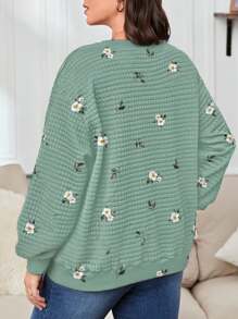 SHEIN LUNE Áo nỉ dệt kim tay dài họa tiết hoa cỡ lớn, giản dị tối giản, dành cho mùa thu/đông - Nhiều màu - Xem 2