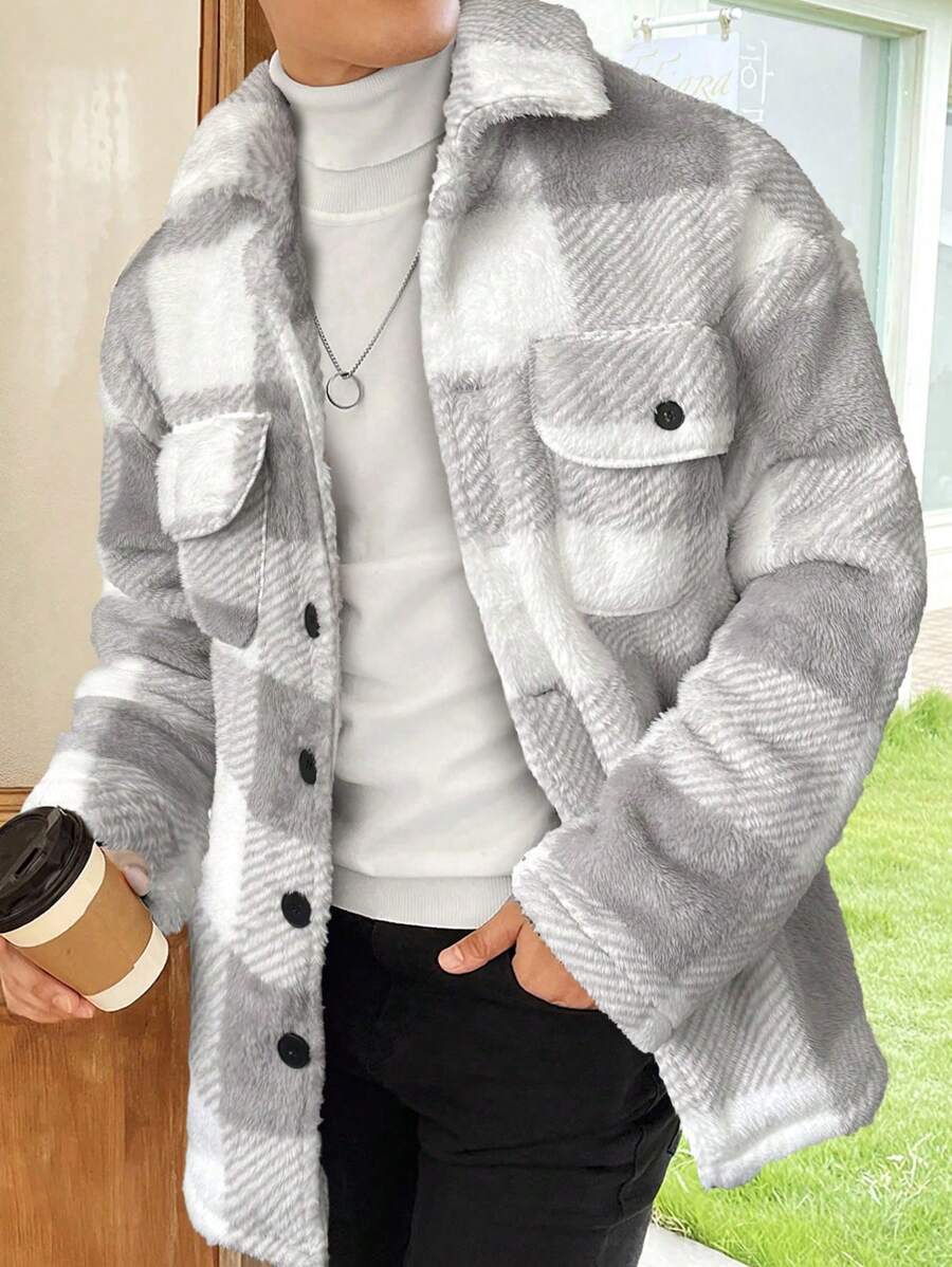 Manfinity Homme 男士水牛格纹翻盖口袋大衣