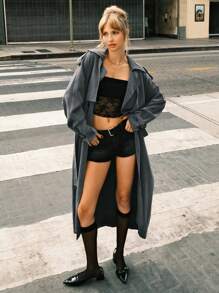 SHEIN EZwear Casual Notched Lapel Double Breasted Belted Trench Coat, Autumn - Dark Grey - View 1