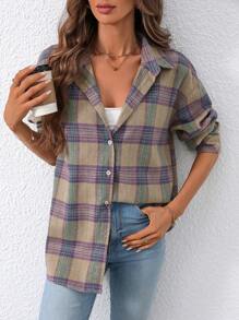 INAWLY 女士休闲格子长袖衬衫，秋季 - 紫色 - 查看 1