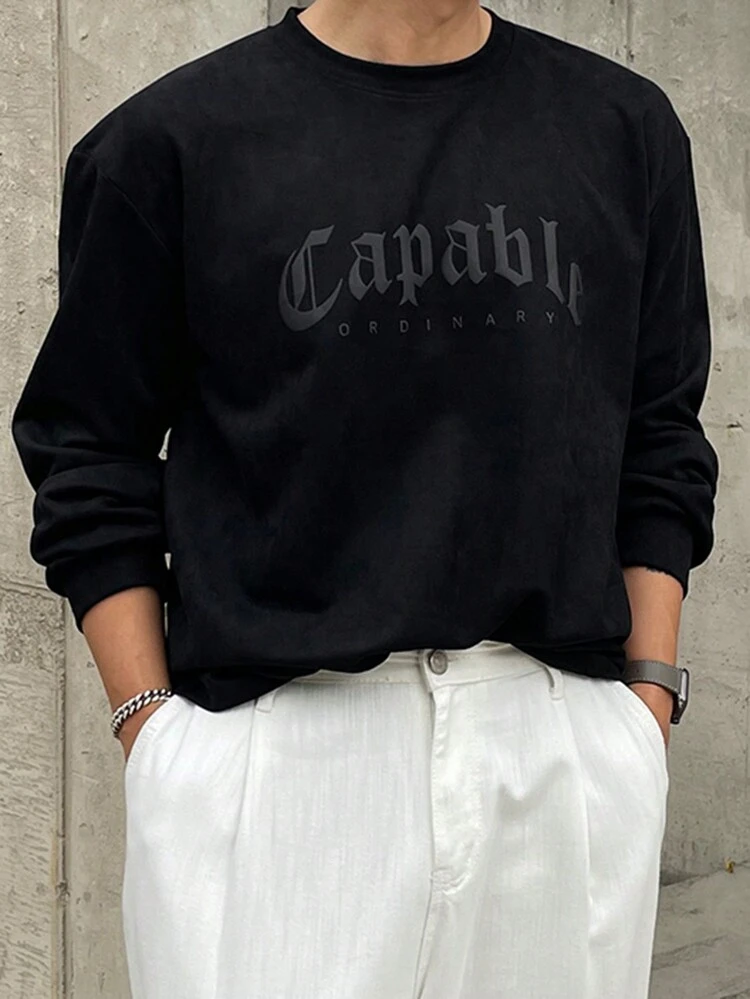 1pc Men's Casual Letter Print Round Neck Long Sleeve T-Shirt, Black, Autumn,Graphic Tees