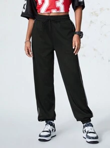 SHEIN Sports 女士撞色条纹前系带休闲运动裤 - 黑色 - 查看 8