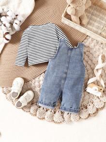 SHEIN Vintaside Kids 嬰兒男童條紋印花長袖上衣和牛仔鬆緊褲套裝