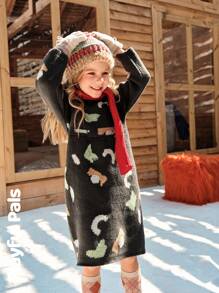 SHEIN 女童提花图案长袖可爱毛衣裙，秋冬 - 彩色 - 查看 9