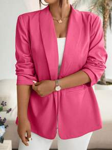 Celure 大码纯色披肩领长袖口袋休闲西装上衣 - 玫紅色 - 查看 4